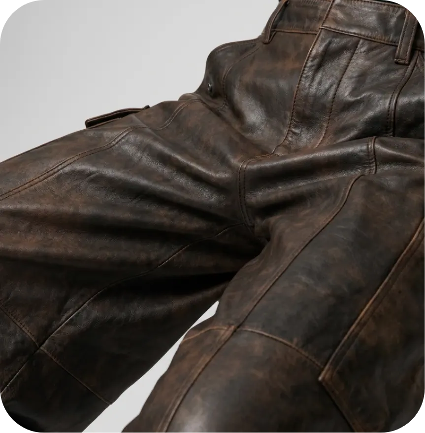 Close-up of leather trouser drape