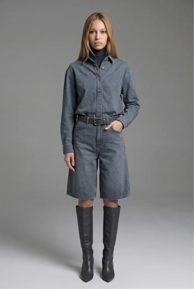 Model in denim shirt and shorts, front