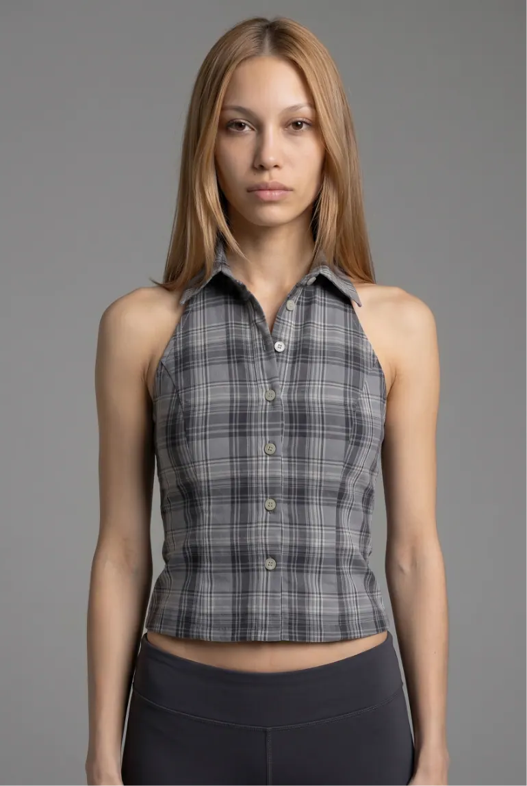 Model in plaid halter top, front