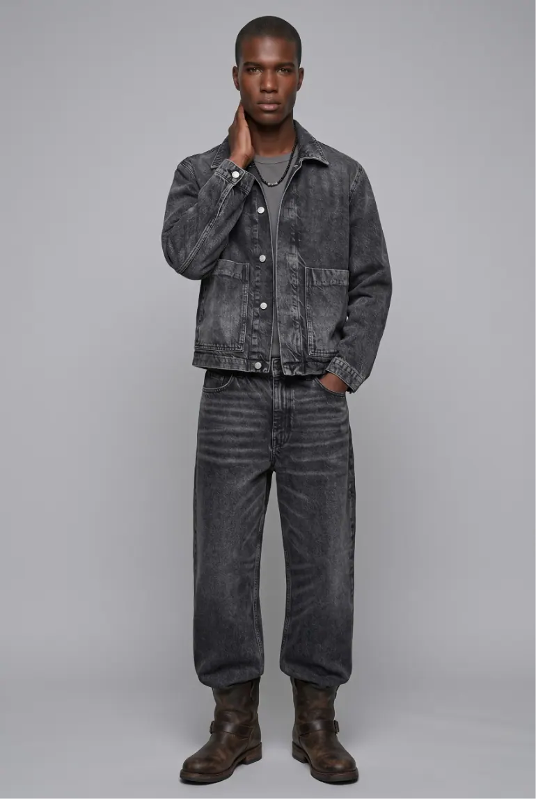 Male model in denim jacket and jeans, front