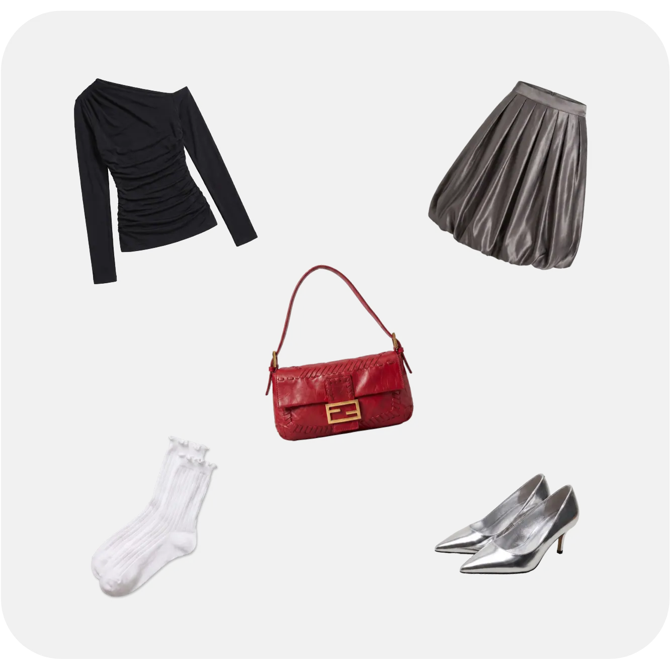Outfit flatlay with top, skirt, bag, socks and shoes