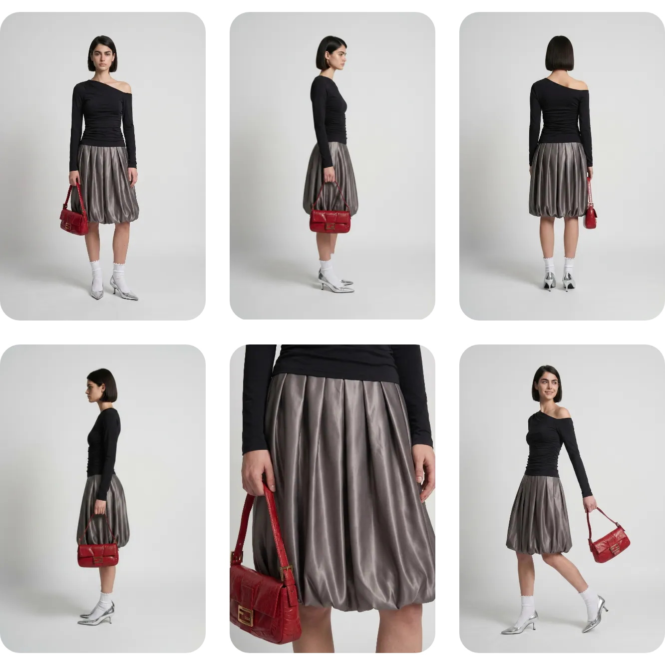Six generated e-commerce images of the outfit on the model